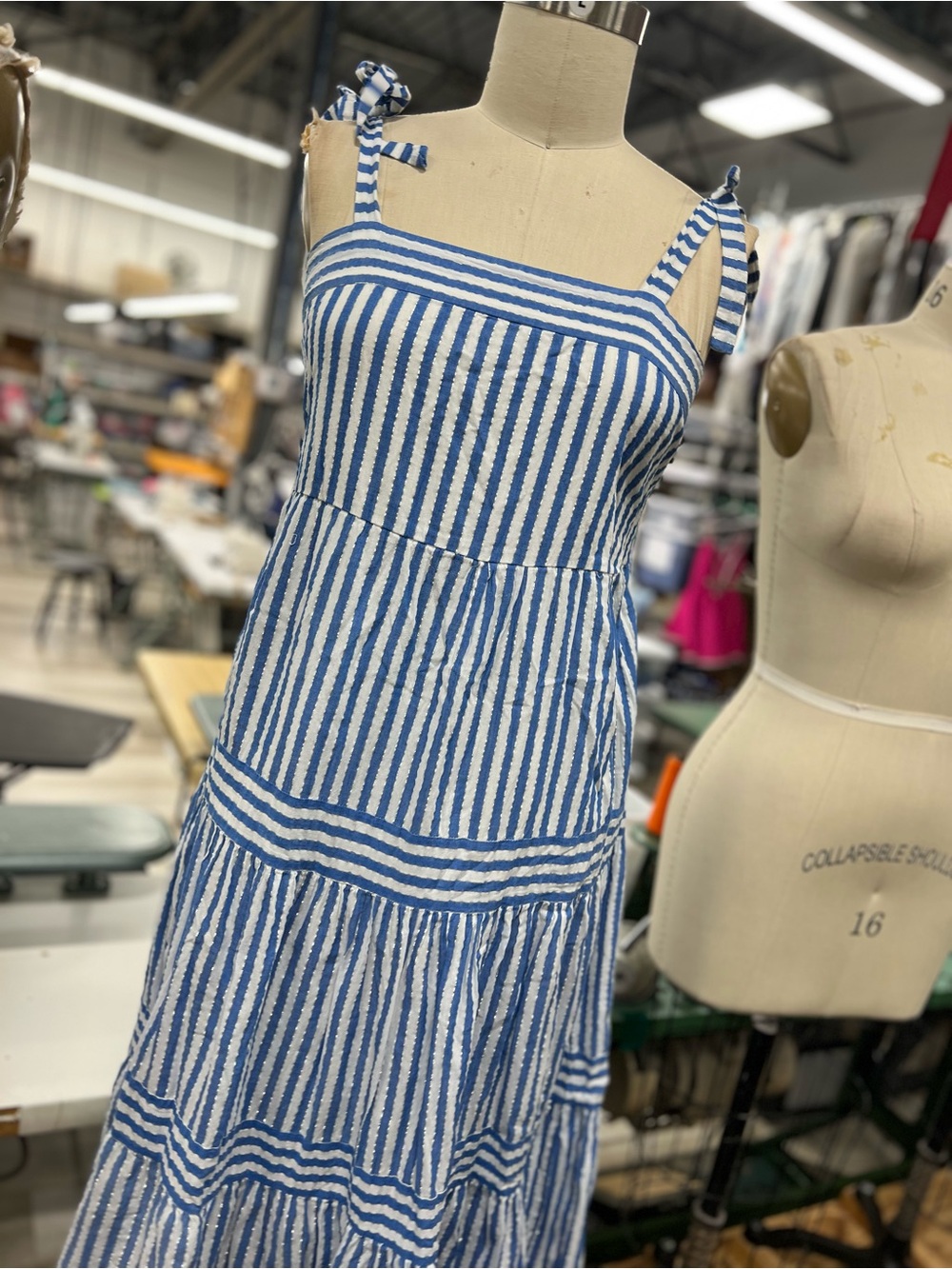 Blue and white striped midi dress with tie straps L